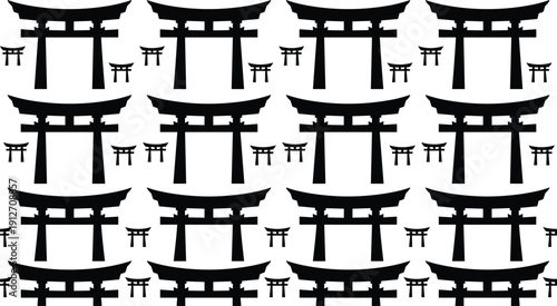 Japanese torii gate pattern silhouettes, traditional shrine architecture symbols, Asian cultural design background, travel landmark motif, flat vector illustration
