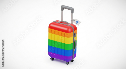 Vibrant rainbow colored luggage with handle and tag on white background for travel and adventure