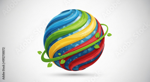 Vibrant multicolored globe with swirling green vines and leaves on a white background symbolizing eco friendly global connections and harmony