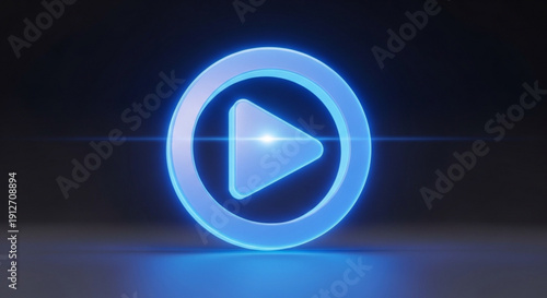 Glowing blue play button icon with neon light effect on dark background symbolizing media playback and entertainment technology