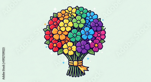 Vibrant bouquet of multicolored flowers tied with yellow ribbon on light green background symbolizing joy and celebration