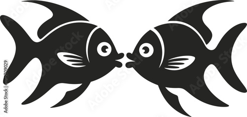 Cute fish pair silhouette kissing, simple black marine illustration, ocean wildlife vector, decorative aquatic animal line art
