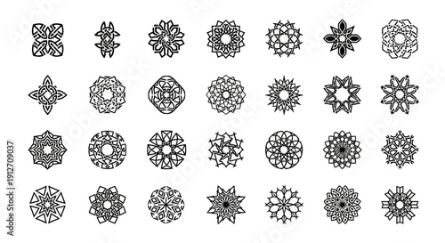 Collection of Unique Geometric Mandala Designs on White Background.