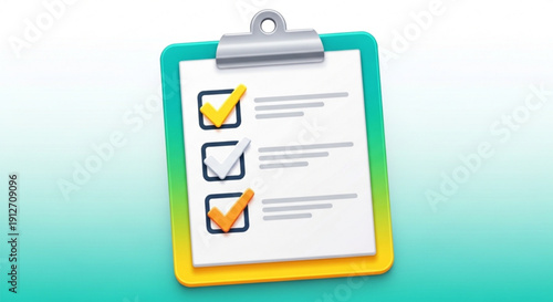 Checklist on clipboard with yellow and orange checkmarks on a gradient background
