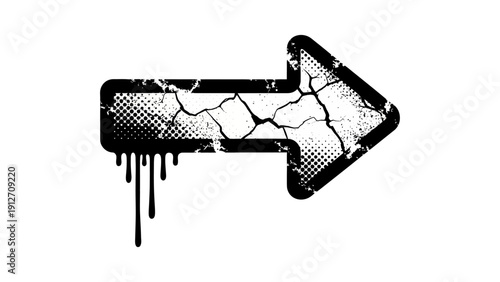 grunge arrow icon pointing right with distressed cracked texture halftone dots and dripping paint a bold urban graphic design element.