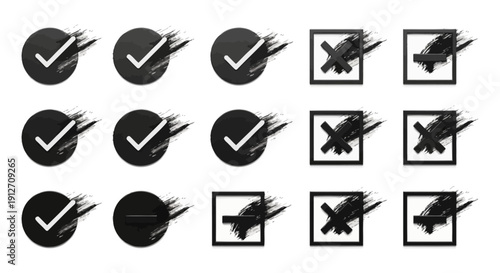 grunge style checkmark cross and minus icons with expressive brush strokes symbolizing ui selection voting and feedback decisions.