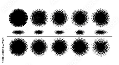 halftone dot pattern of black radiating circles and ellipses creating an abstract gradient on white ideal for graphic design texture.