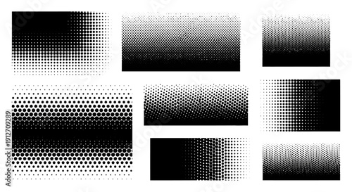 halftone patterns set of black and white dot gradients for graphic design comic book effects retro textures and abstract backgrounds.