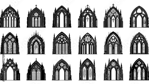gothic architectural elements vector set medieval church windows cathedral arches with tracery for design projects.