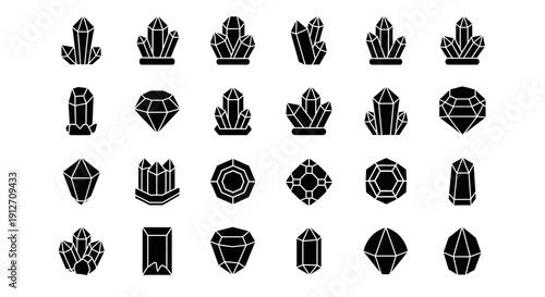 Collection of Black and White Gemstone and Crystal Icons.