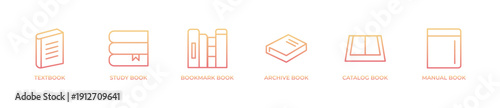 Book reading banner with minimal line icons featuring notebook, closed book, bookshelf, book stack, open book, and textbook. Clean black and white design suitable for website headers, online library