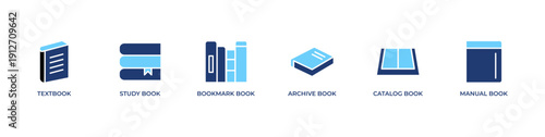 Book reading banner with minimal line icons featuring notebook, closed book, bookshelf, book stack, open book, and textbook. Clean black and white design suitable for website headers, online library