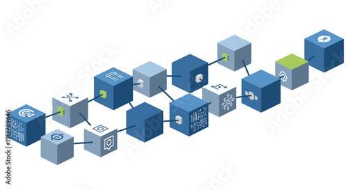 3D Isometric Blockchain Network and Data Connection Concept Illustration.