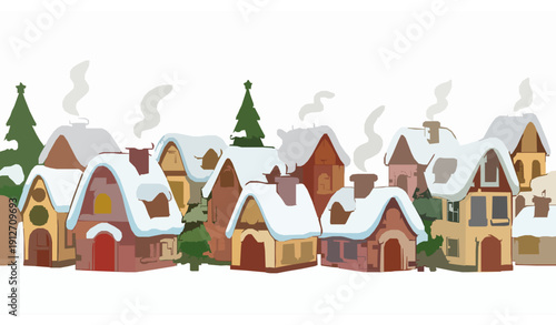 Cartoon Christmas Town Snow Covered Houses Banner Vector Illustration Isolated on White Background for Kids Holiday Design