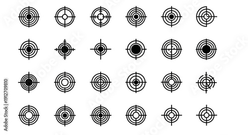 Collection of Black and White Target Icons for Design Purposes.