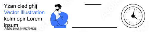 Time management, decision making, productivity, schedule planning, strategy creation, modern workflow. Male figure thinking, clock text placeholder in minimal design. Time management