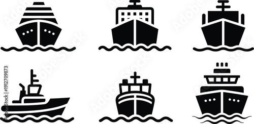 Vector illustration of ship and boat silhouette collection—symbols for cruise vessel, cargo transport, fishing craft, maritime design, ocean travel, and nautical representation