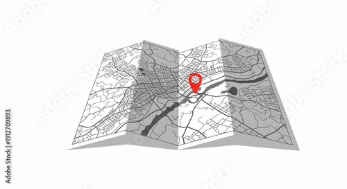 Folded city map with red location pin pointer illustration.