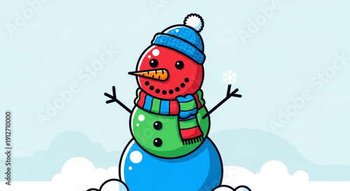 Colorful cartoon watermelon snowman in winter hat and scarf on snowy background with frosty atmosphere and playful mood