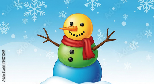 Colorful cartoon snowman in snowy landscape with snowflakes winter wonderland scene with smiling face and red scarf
