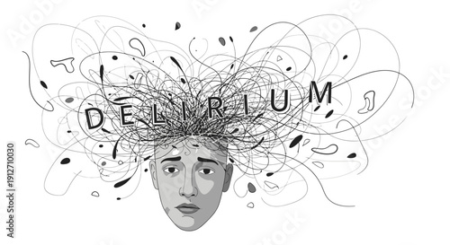 Delirium mental health concept illustration with confused face and tangled lines