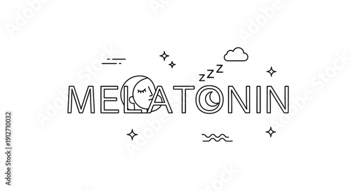 Melatonin sleep supplement concept with typography and night symbols.