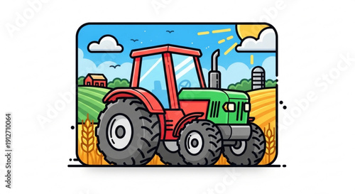 Tractor drives through sunny wheat field with farm buildings in background on a rural landscape