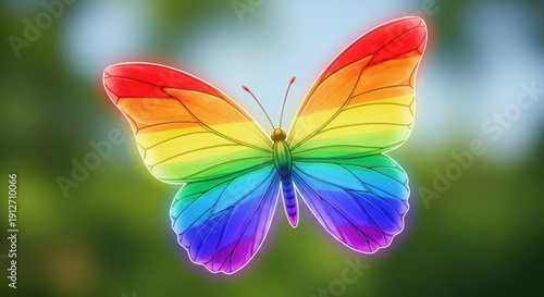 Vibrant rainbow butterfly flying in natural outdoor setting with colorful wings
