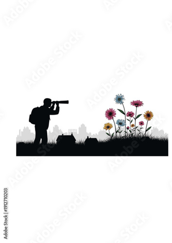 Urban Nature Exploration Silhouette Person with Telescope and City Flower Vector Illustration