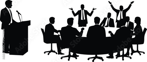 Black silhouette of a business speaker at a podium giving a presentation to a diverse group of professional people listening