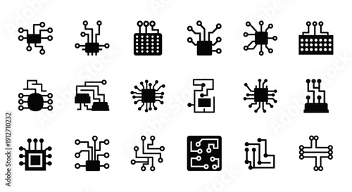 Collection of Various Microchip and Circuit Board Icons.
