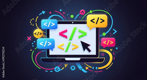 Colorful coding symbols surround a computer screen with html code on a dark background for web design and development concepts