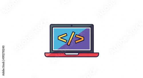 Laptop with coding symbols on screen representing programming and development in a digital workspace