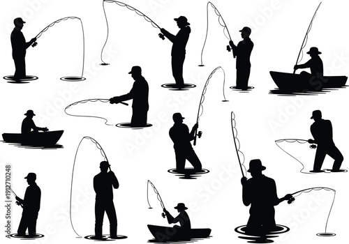 Black Silhouette Collection of Fishermen Angling in Boats and Wading in Water Isolated on White Background for Outdoors Fishing Design