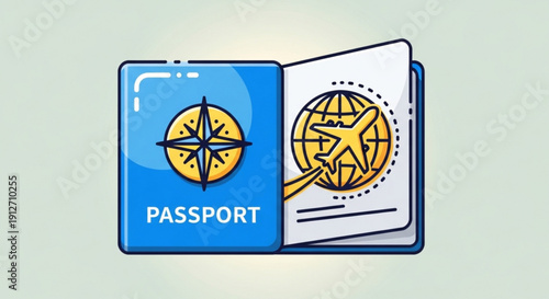 Open passport with compass and globe on pages symbolizing travel and exploration documents