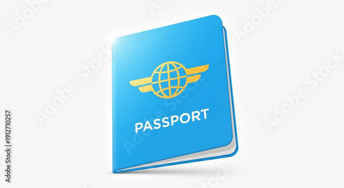 Blue passport with golden globe and wings logo for travel and identification