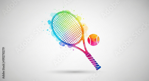 Vibrant tennis racket and ball in mid air with colorful splash effect on white background for sports and recreation concepts