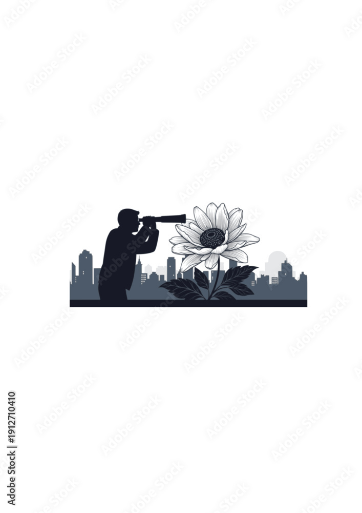 Fototapeta premium Urban Nature Exploration Silhouette Person with Telescope and City Flower Vector Illustration