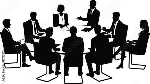 Black silhouette of business professionals in a corporate meeting sitting around a round table for a group discussion and collaboration