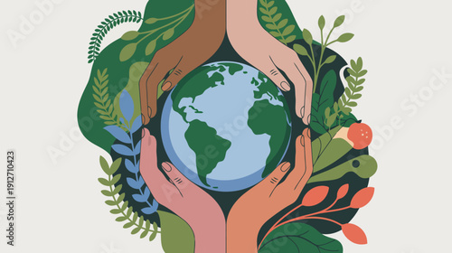Diverse group of hands holding earth globe with green leaves and plant elements