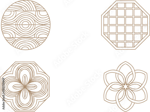 Set of ornamental geometric floral vector shapes elegant decorative symmetrical line art elements isolated minimal design