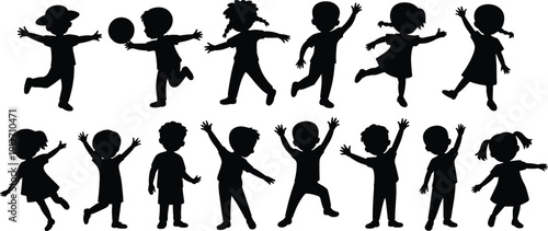 Black silhouette of happy children group playing jumping running and dancing isolated on white background for diverse childhood and education concepts