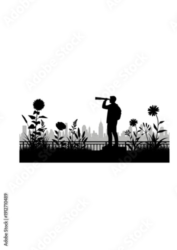 Urban Nature Exploration Silhouette Person with Telescope and City Flower Vector Illustration