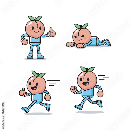 Cartoon peach character running and exercising with enthusiasm and energy