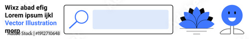 Web design, search functionality, digital navigation, user interface, UIUX design, minimalism. Magnifying glass, search bar flower and happy face. Web design and search functionality concept