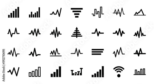 Collection of black signal wave icons on white background.
