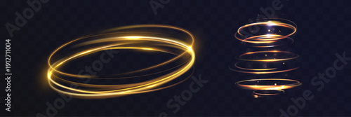 Glowing golden light rings and spiral vortex isolated on transparent background, abstract energy circles with dynamic motion trails and sparkling particles.
