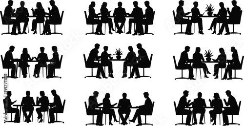Business People Silhouettes Sitting at Table in Office Meeting, Professional Corporate Team Collaboration, Group Discussion, Networking and Brainstorming Session Set