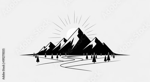 Mountain range with sun rays and winding path.