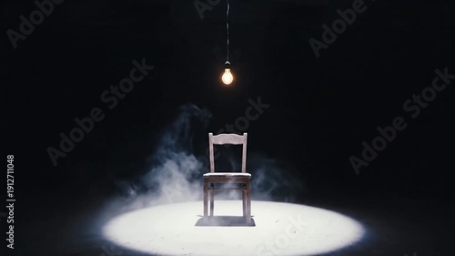 Electric chair. Wooden chair on spotlight. Smoke around chair. Dark background. Single light bulb hanging. Simple chair design. Wooden furniture. Spotlight effect. Dramatic scene. Indoor